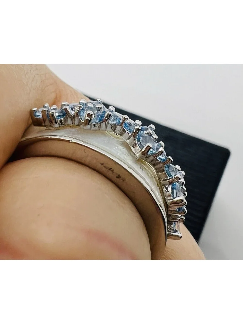 Stauer Pearl Topaz Ring swiss blue silver 925 Sz 7 luxury statement irridescent